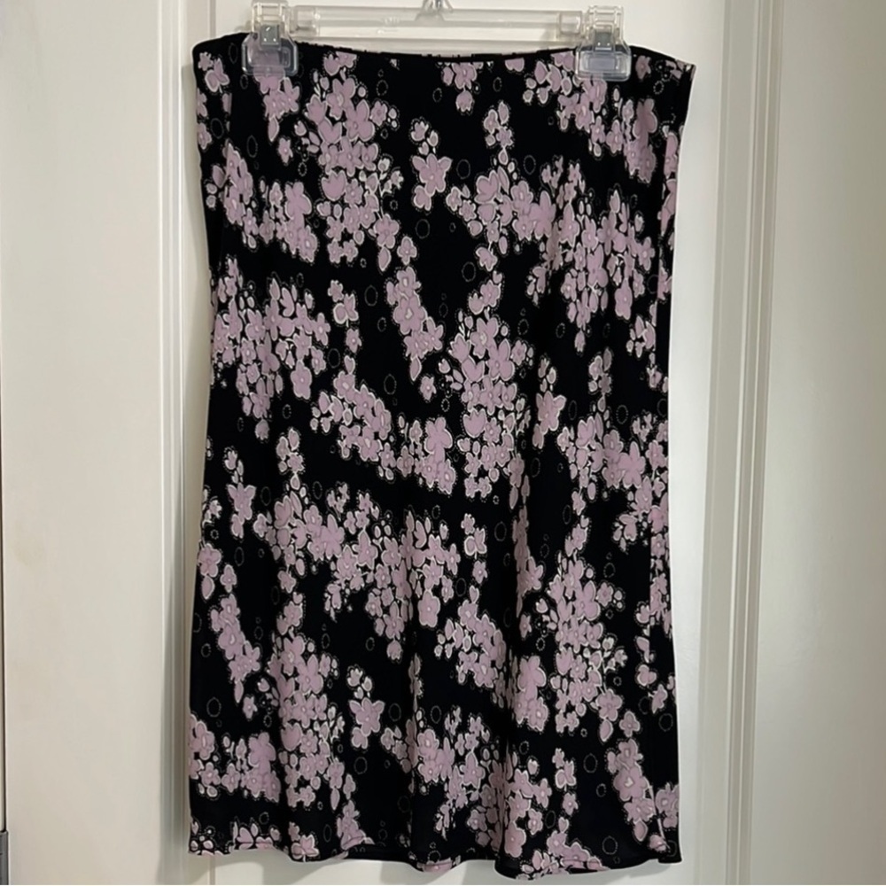Y2K Floral Skirt Midi Knee Length Silk Black Pink Large Petite